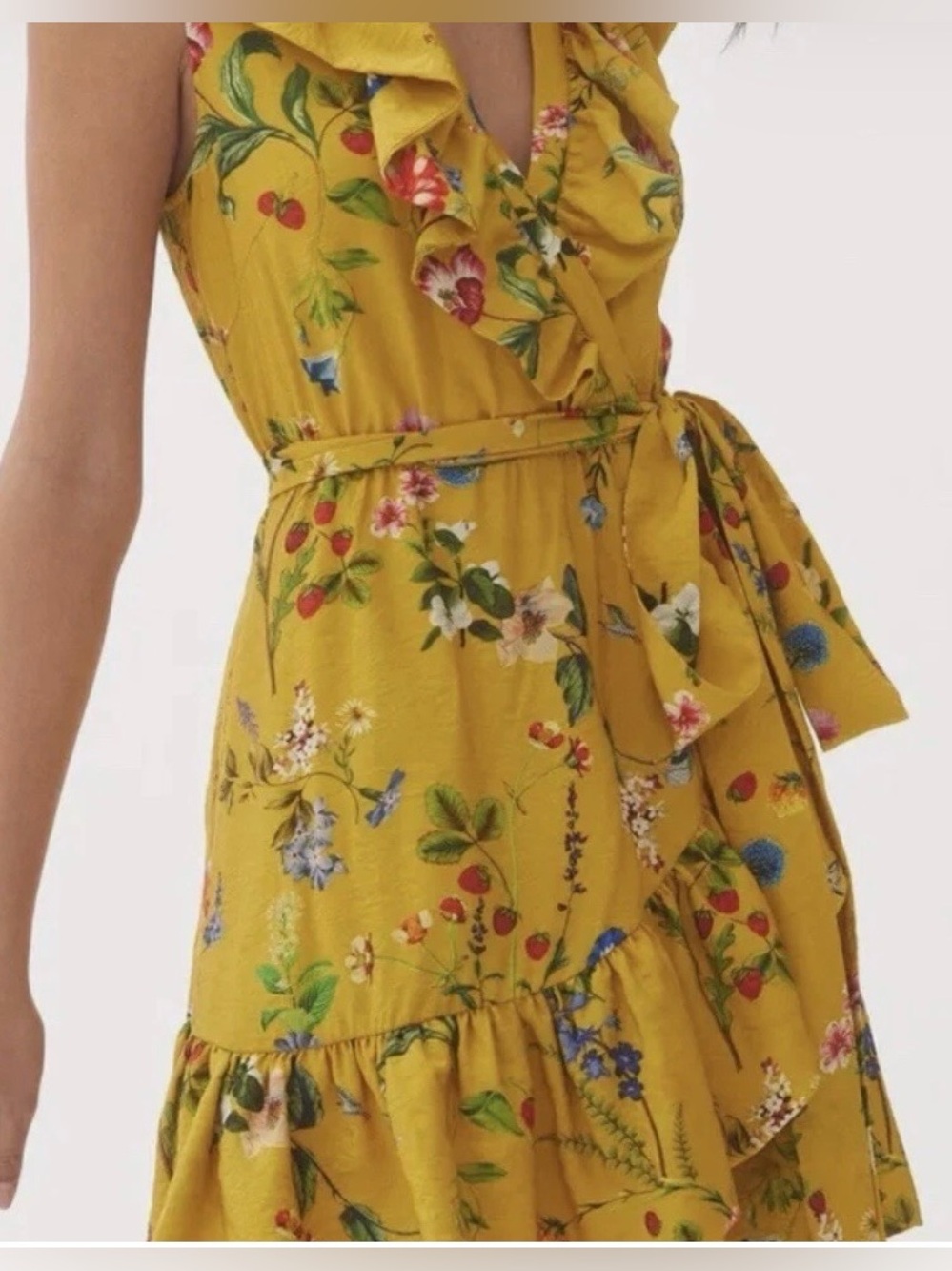 Anthropologie Maeve Yellow Floral-Wrap Mini Dress Size XS MISSING BELT